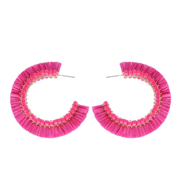 Raffia Fringe Beaded Hoop Earrings