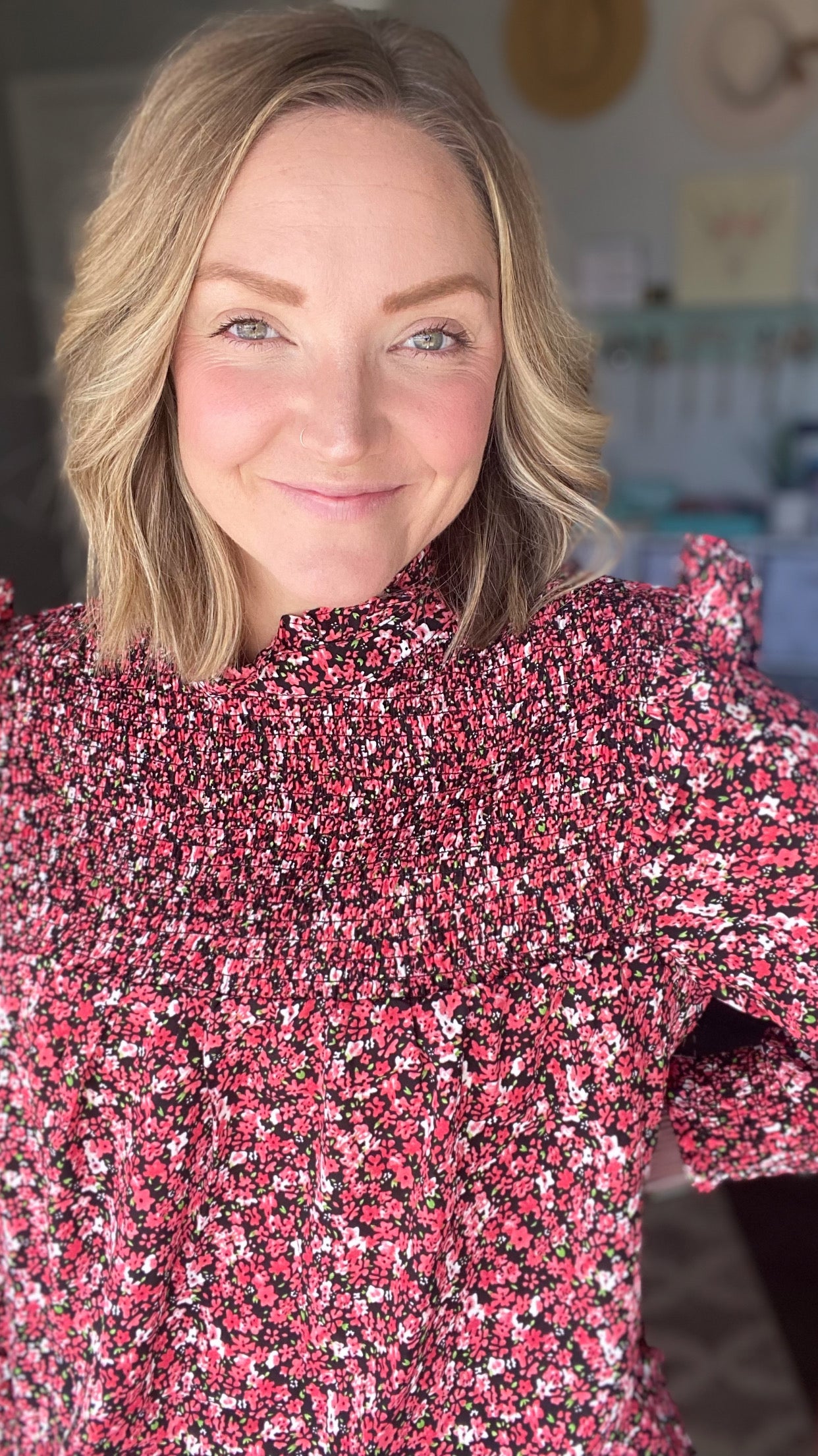 Deep Floral Ruffle Blouse