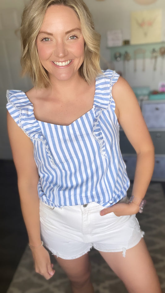 Blue & White Ruffle Tank