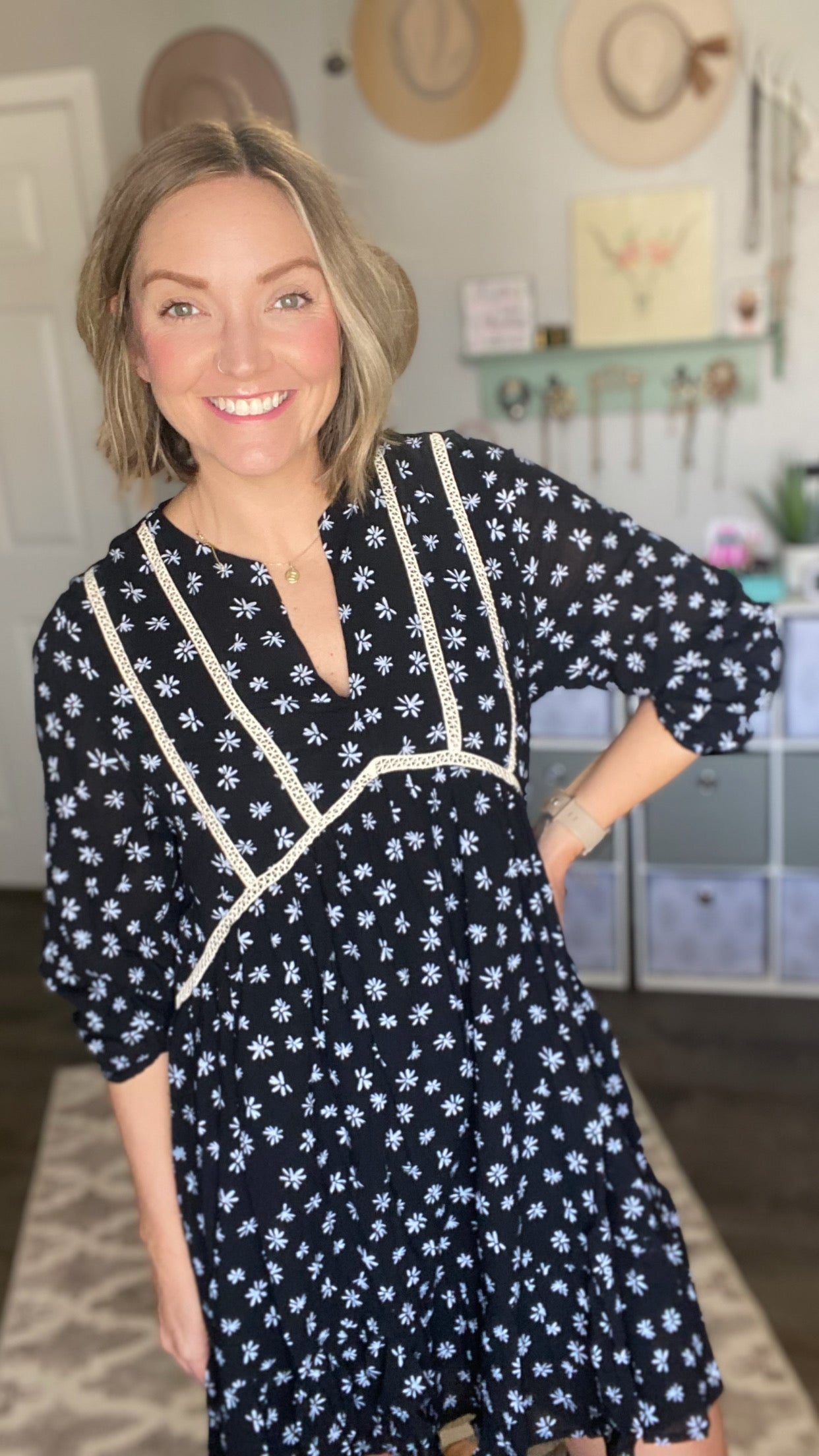 Black Floral and Crochet Dress