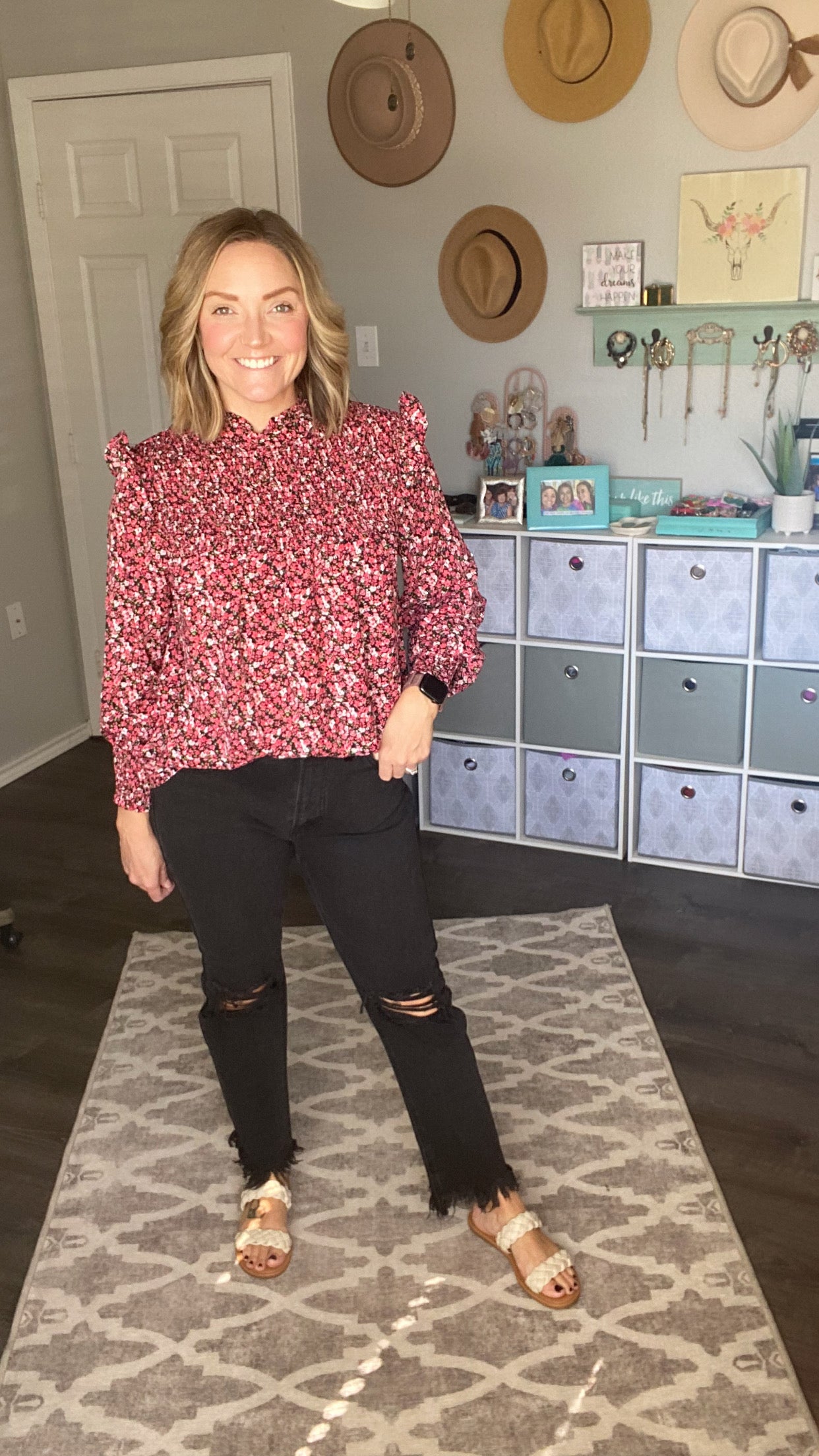 Deep Floral Ruffle Blouse