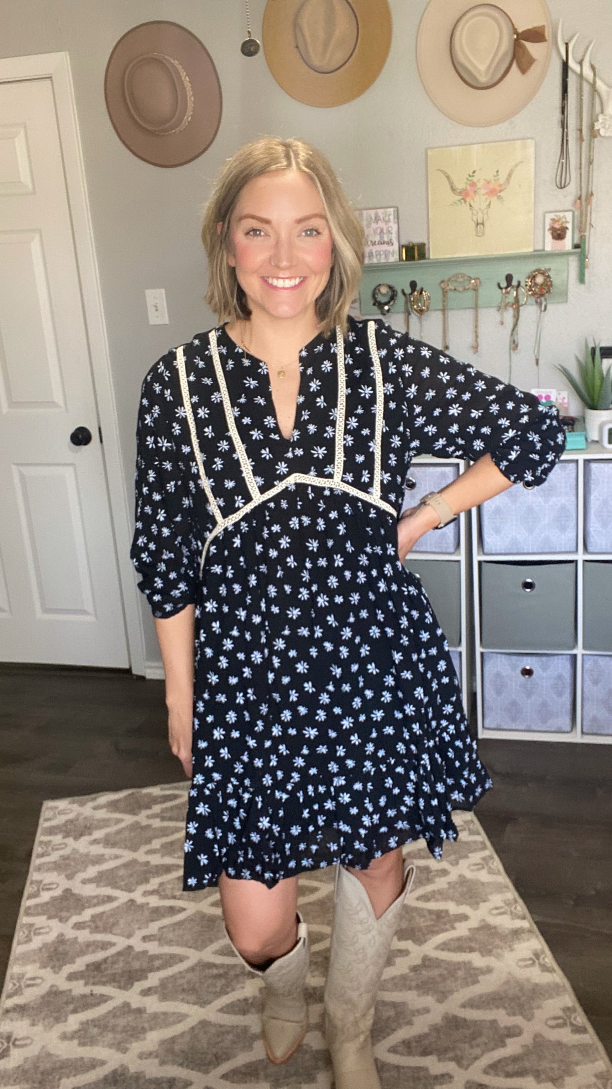 Black Floral and Crochet Dress