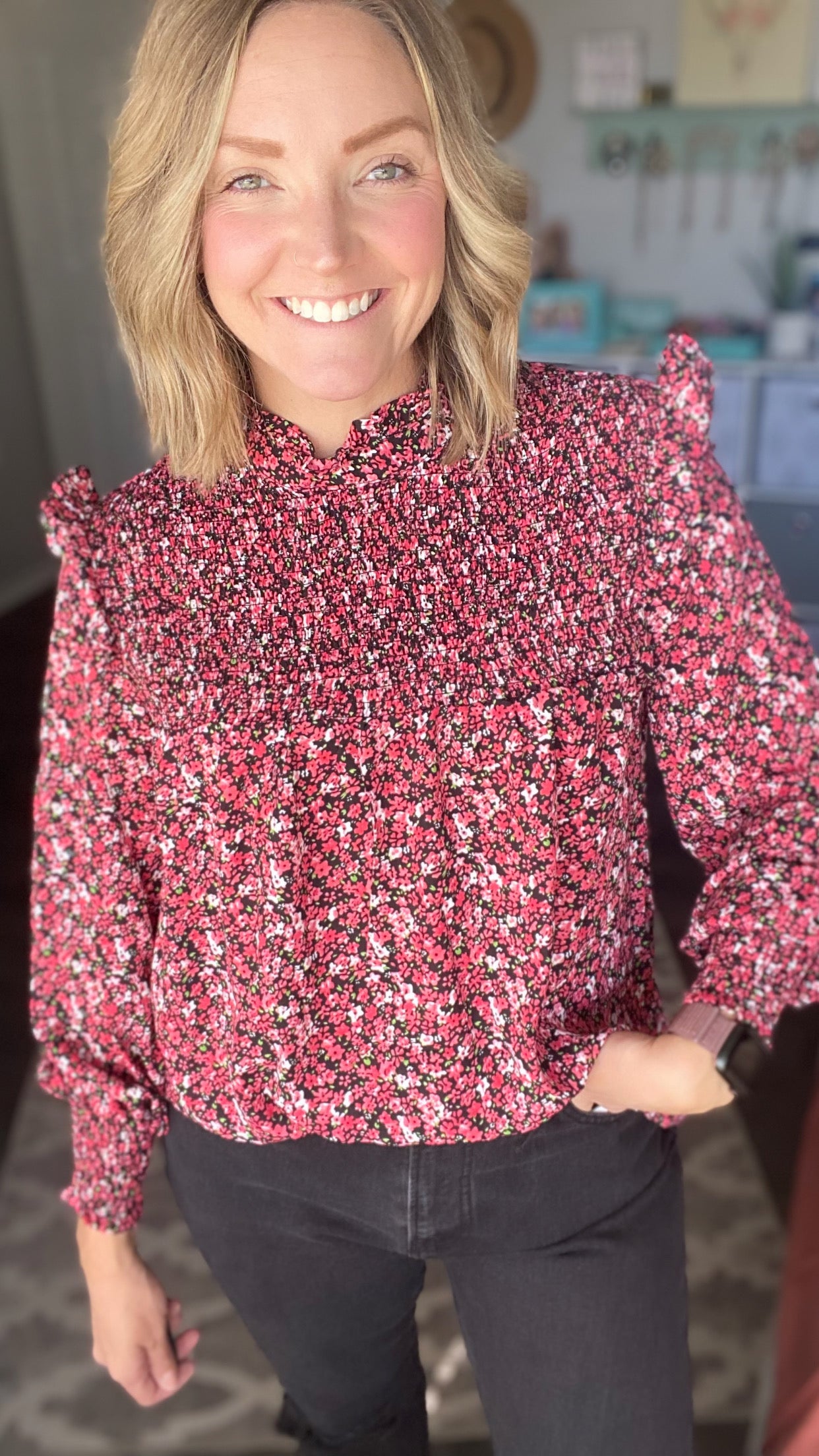 Deep Floral Ruffle Blouse